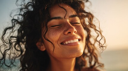 A woman with curly hair smiles brightly as the sun sets behind her capturing a serene moment on a beach. The warm glow highlights her joyful expression and freckles.
