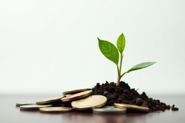 Vibrant green plant growing from pile of coins, clean white backdrop , success, money, white