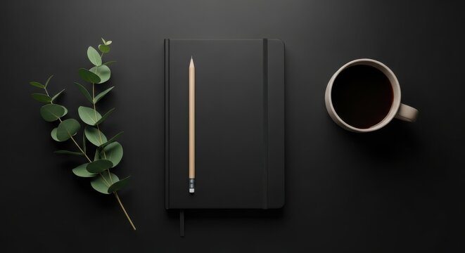 Minimalist workspace flat lay with notebook coffee and plant - Powered by Adobe