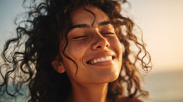 A woman with curly hair smiles brightly as the sun sets behind her capturing a serene moment on a beach. The warm glow highlights her joyful expression and freckles.