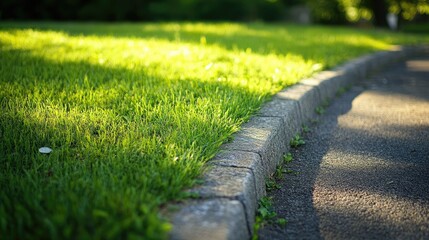 Lush Green Grass Beside a Paved Pathway in a Sunlit Park with Gentle Shadows and Inviting Natural Surroundings
