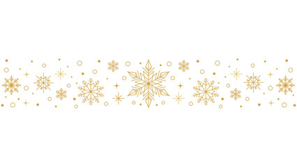 Gold snowflakes vector background banner; Elegant Christmas winter line art elements; Holiday header seamless pattern illustration