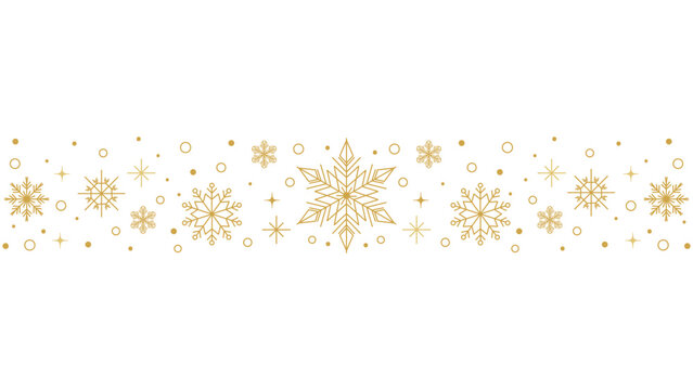 Gold snowflakes vector background banner; Elegant Christmas winter line art elements; Holiday header seamless pattern illustration
