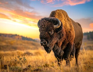 Majestic bison standing in a field, silhouetted against a vivid sunset