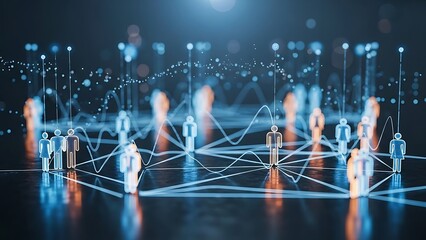 Abstract Network of People Silhouettes, Digital Data Flow Futuristic Grid, Business Social Connections Visualization, Dark Blue Orange Tech