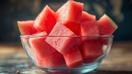 Freshly Cut Watermelon Cubes in a Clear Bowl on a Rustic Wooden Table with a Soft Background Blur, Perfect for Summer and Healthy Eating Ideas