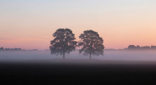 Silhouetted trees in misty field at tranquil dawn pastel sky - Powered by Adobe