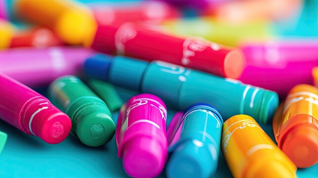 Colorful Markers Spread Out on a Bright Colorful Background for Creative Art Projects and Craft Activities in Vibrant Hues and Shades