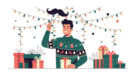 Festive holiday cheer with a fun mustache prop and gifts, perfect for seasonal marketing campaigns or joyful Christmas promotions, vector art