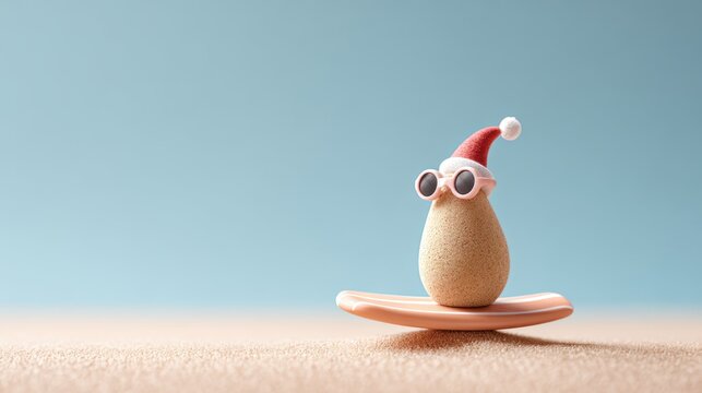 Single sand snowman wearing a Santa hat and sunglasses, balancing on a surfboard, creating a whimsical holiday beach scene with playful vibes