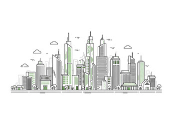 Fototapeta premium Sketchy hand drawn cityscape with diverse modern skyscrapers and green elements representing sustainability and growth