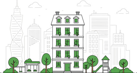 Obraz premium Charming parisian style apartment building with green trees and city skyline in a clean line art illustration