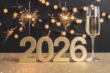 Golden 2026 numbers with champagne and sparklers for new year celebration