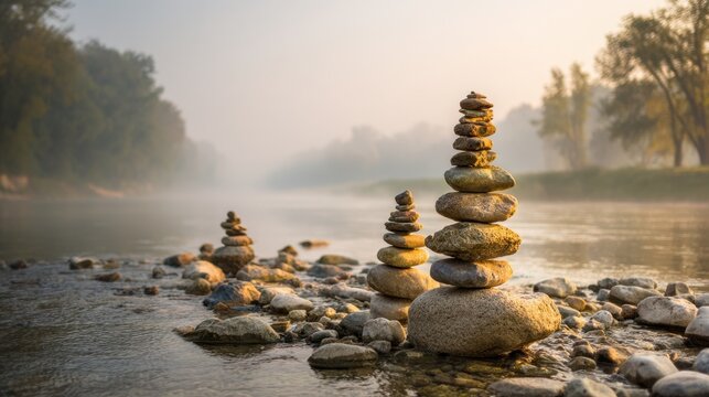 Balanced stones are carefully stacked along a tranquil riverbank. Early morning fog envelops the scene creating a peaceful atmosphere surrounded by trees.