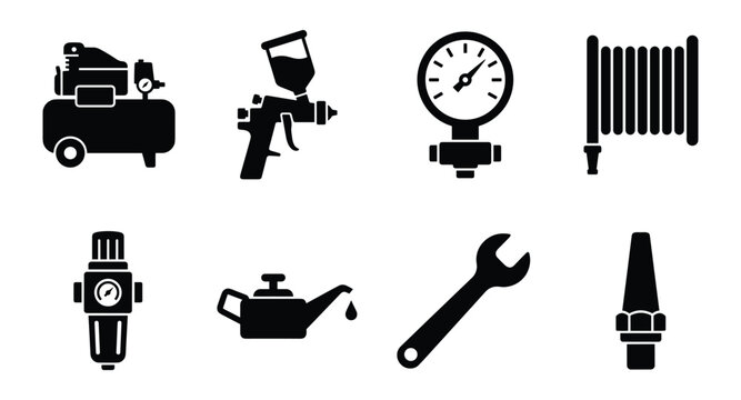Black and White Illustration Showing Automotive Workshop Equipment Set