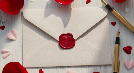 Love letter envelope with red heart wax seal surrounded by rose petals and fountain pens on a wooden table for Valentine's Day romance concept