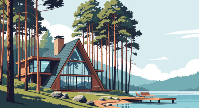 Escape to a modern A-frame cabin nestled by the serene lake, offering tranquility and a connection with nature's beauty, perfect for vacation rentals.