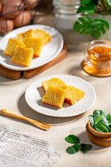 Bika ambon or golden cake or golden kuih bingka in Singapore, is an Indonesian dessert