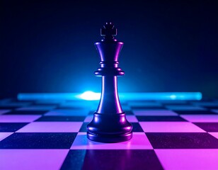 Black chess king stands on a chessboard, illuminated by blue and purple light