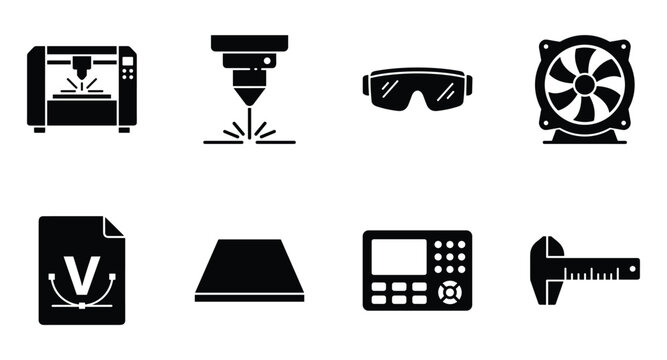 Black and white engineering icon set for manufacturing processes tech, DIY
