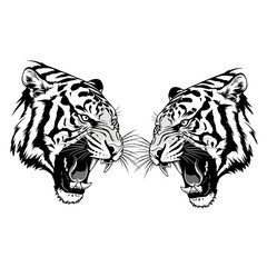Two roaring tiger heads facing each other vector illustration