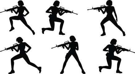 Vector set of female soldier silhouettes with assault rifle, woman warrior in combat poses, military army illustration, isolated on white background.