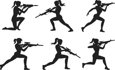 Vector set of female sniper silhouettes, woman soldier holding rifle, military combat poses, army girl aiming gun, isolated illustration collection.
