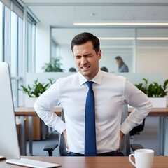 Male Office Employee Clutching Lower Back in Pain While Sitting at Desk in Modern Corporate Setting