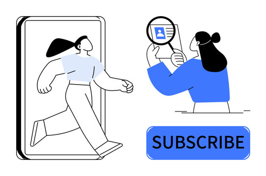 Subscription concept. Digital subscriptions with a character exiting a device and ID verification process. Subscription plans, data access, online memberships, digital media, user authentication