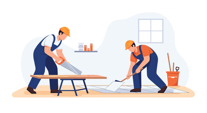 Skilled construction workers cutting wood and laying tile for home renovation project, professional home improvement and repair services for modern interiors