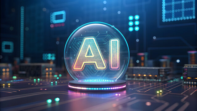 Futuristic ai sphere glowing above digital circuit technology
