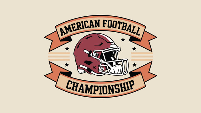 American Football Championship Illustration Featuring Helmet, Ribbons, Stars, and Simple Design Elements on Beige Background