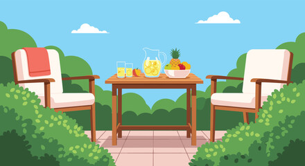 Tranquil outdoor scene with refreshing drinks, summer fruit, and relaxing chairs on the patio for vacation vibes and serene moments