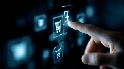 A close-up of a hand interacting with a digital shopping cart icon, illustrating online shopping technology and innovation.