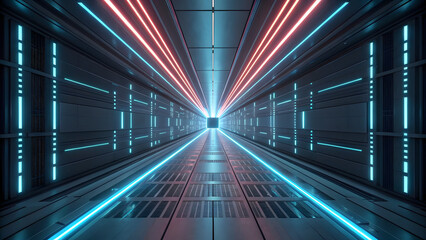 Futuristic neon tunnel with glowing blue and red light lines