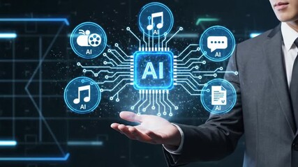 Businessman holding hologram AI media interface above hand in dark office - Powered by Adobe