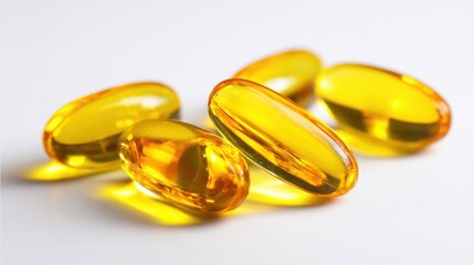 Bright yellow soft gel capsules are arranged on a clean white surface. They are often used as dietary supplements for health purposes and are smooth to the touch. Their vibrant color stands out.