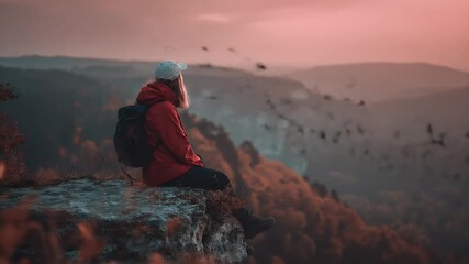 Solo hiker atop cliff at sunrise