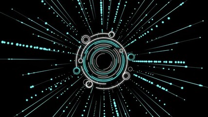 Abstract digital technology background with glowing cyan light trails and concentric circles on black, 4k video - Powered by Adobe