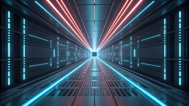 Futuristic neon tunnel with glowing blue and red light lines
