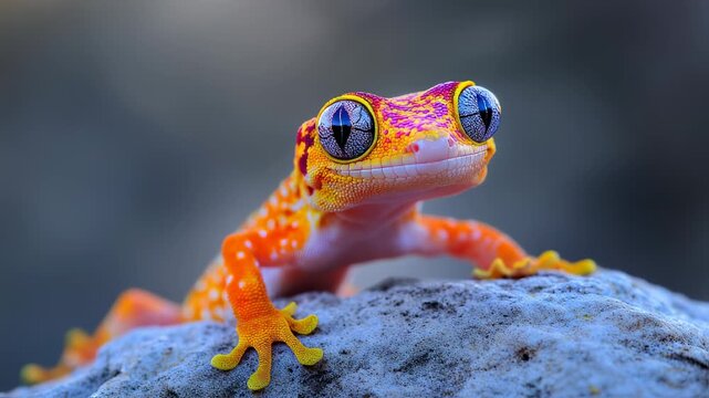 Close up adorable orange gecko sitting on rock, captivating wildlife macro photography, exotic
