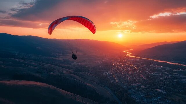 Paragliding Adventure at Sunset: Captivating aerial view above valley landscape, breathtaking