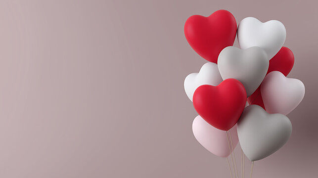 A cheerful bouquet of heart-shaped balloons in red, white, and gray, set against a soft pink background, perfect for celebrating love and special occasions.