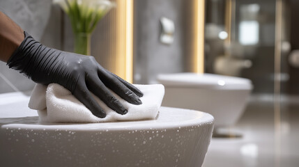 A close-up of a gloved hand wiping a wet surface in a modern bathroom, showcasing cleanliness and attention to detail.