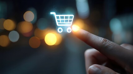 A close-up image of a hand interacting with a glowing digital shopping cart icon against a blurred city background.