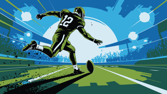 American Football Player Kicking the Ball at Super Bowl Sunday Stadium, Illustration