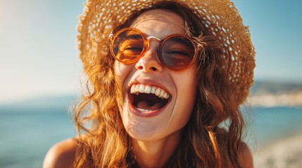 A joyful woman is laughing cheerfully while enjoying a sunny day at the beach. Her curly hair frames her face and she wears stylish sunglasses with a straw hat embracing the warm weather.
