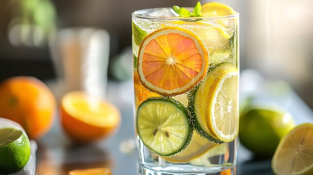 Refreshing citrus drink with slices of orange, lemon, and lime in a tall glass with mint garnish - Powered by Adobe