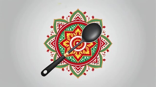 A close-up of a black spoon placed in the center of a colorful circular floral pattern, symbolizing culinary arts and food presentation