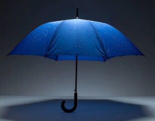 Blue umbrella open against gray backdrop, illuminated